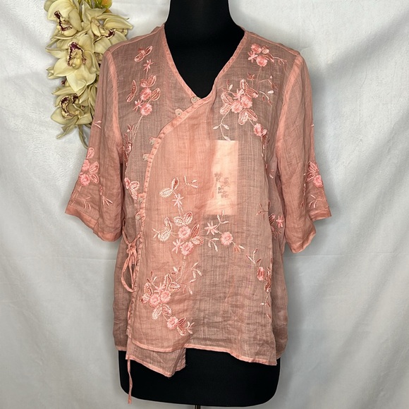 fanxi Tops - Hand embroidered semi sheer pink Asian wrap top